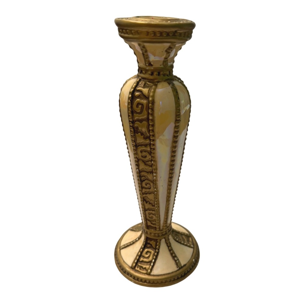 Fitz and Floyd Essentials Ivory Gold Pearlescent Ceramic Candlestick Holder 8.5"